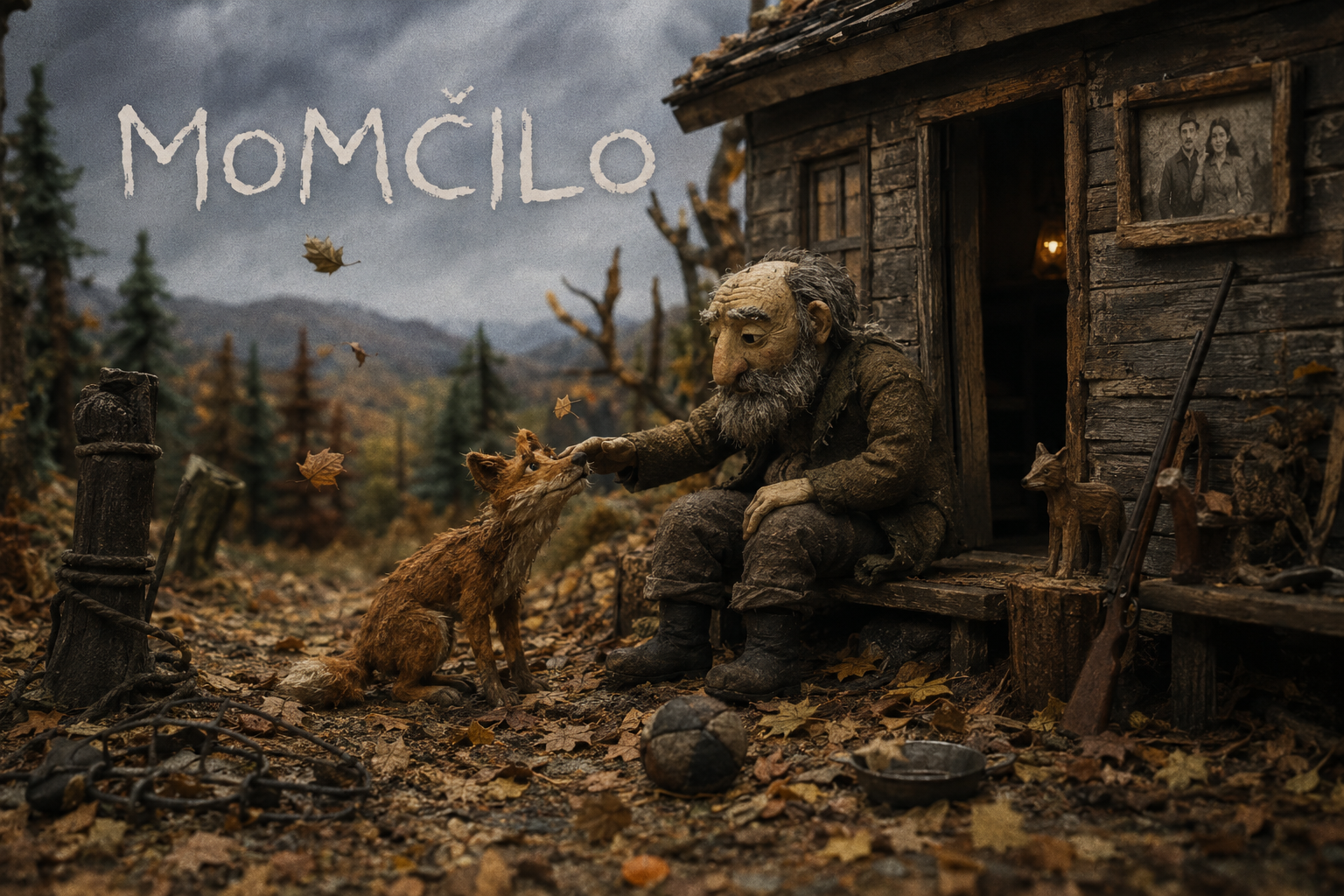 An old man gently touches a fox’s nose outside his cabin in an autumn forest